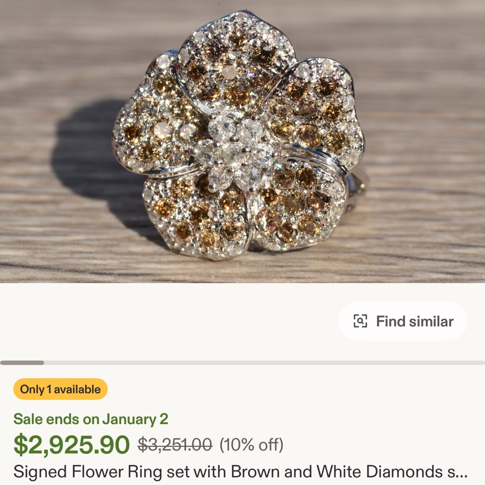Floral 3D 14k white gold ring with chocolate brown and yellow diamonds size 5